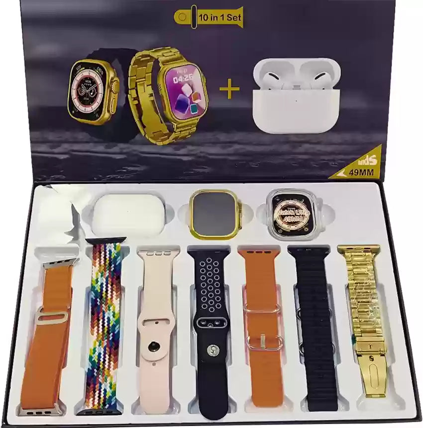 Ultra Smartwatch 10 in 1  With ( 7 Straps + Silicone case + Earbuds ) Full HD Display